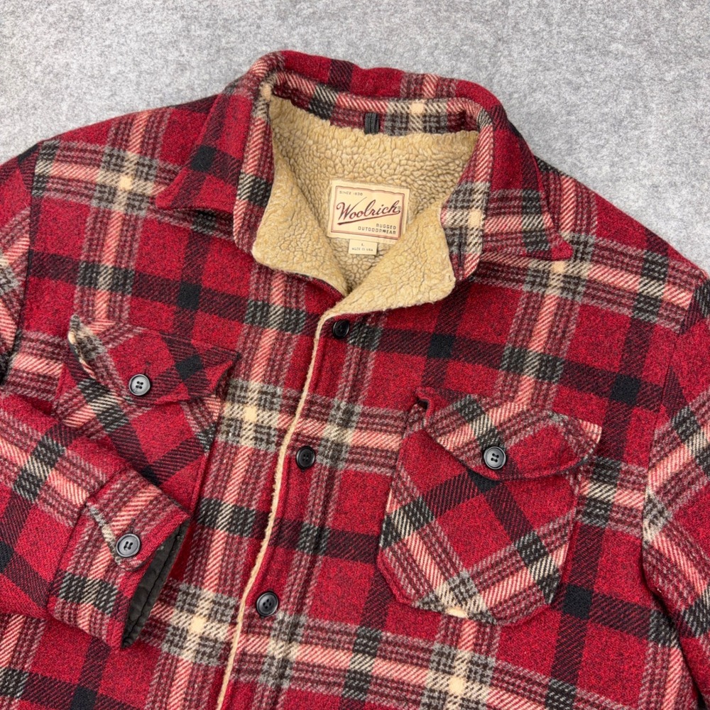 VTG Woolrich Jacket Mens Large Red Black Buffalo Plaid Sherpa Lined USA Cabin